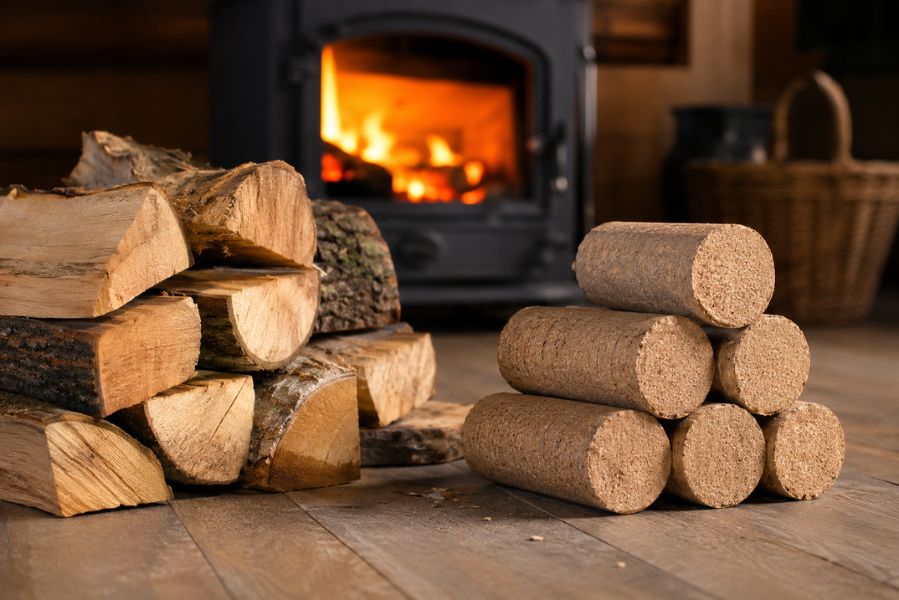 comparaison entre bois de chauffage traditionnel et bûches densifiées devant un poêle à bois allumé dans un intérieur chaleureux